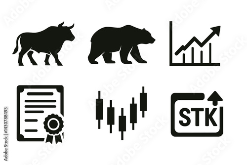 The stock market is represented by various symbols such as bull, bear, up chart, down chart, stock certificate, candlestick chart, ticker, and dollar up