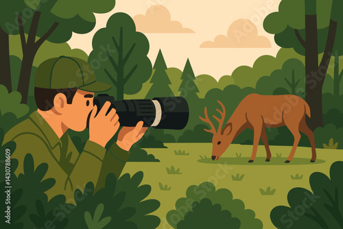 A photographer is secretly capturing images of a deer in a forest clearing