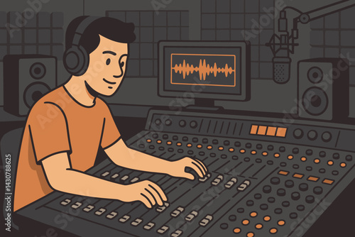 A music producer is working at a mixing desk in a sound studio surrounded by audio equipment