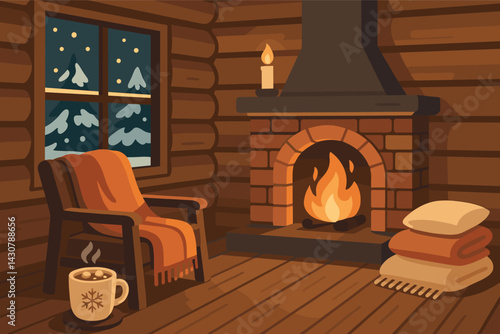 The scene depicts a winter cabin with a fireplace, surrounded by snow, and complete with hot cocoa and blankets