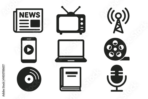 Symbols of media consumption include a newspaper, TV, radio, smartphone, laptop, film reel, vinyl record, book, and podcast mic