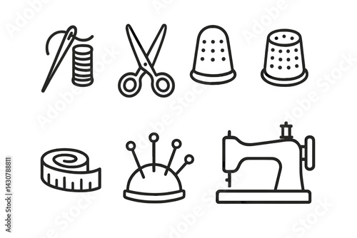 Icons of sewing that include a needle and scissors are featured