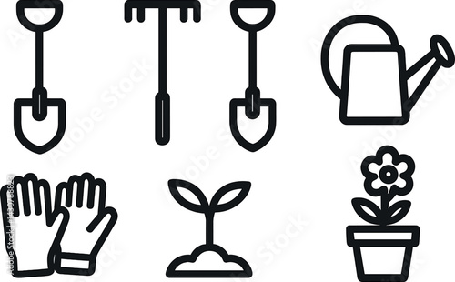 Icons of gardening that include a shovel and rake