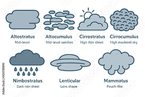 The distinct categories of clouds include Altostratus, Altocumulus, Cirrostratus, Cirrocumulus, Nimbostratus, Lenticular, and Mammatus