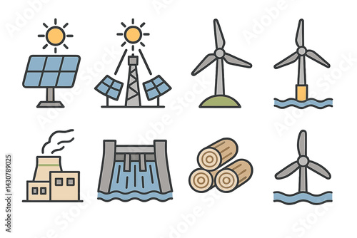 Certain renewable technologies include PV cells, CSP towers, onshore turbines, offshore turbines, geothermal plants, hydro spillways, biomass pellets, and tidal turbines