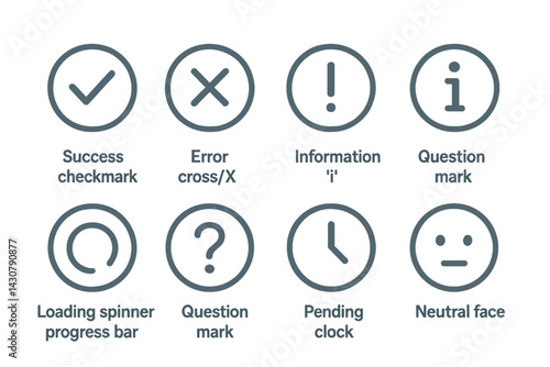 UI status indicators are represented by a success check, error cross, warning sign, info 'i', loading, help question, pending clock, and neutral face