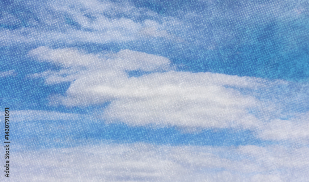 Obraz premium Color halftone texture of blue sky with clouds. Abstract cloud pattern vector dotted pixel texture background with copy space.