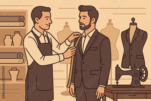 A customer in a fabric and mannequin filled store has their measurements taken by a tailor to make clothing