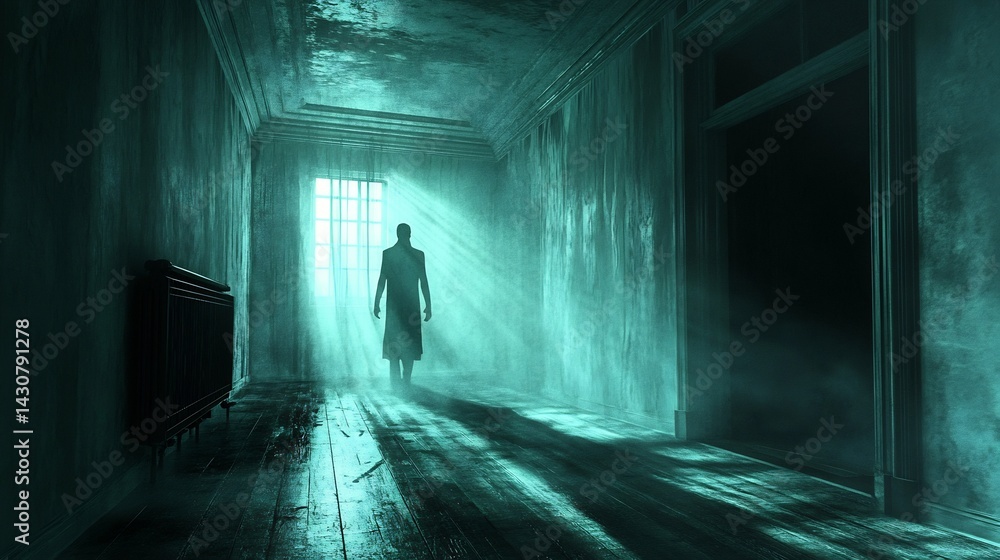 Ethereal Figure in a Haunted Hallway: A Mysterious, Darkly Lit Scene Ethereal Figure in a Haunted Hallway: A Mysterious, Darkly Lit Scene