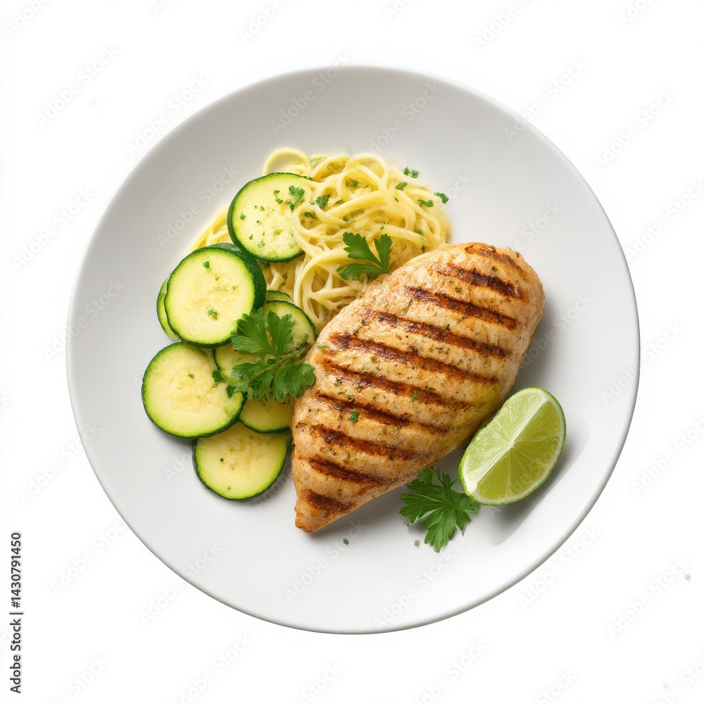 Grilled chicken breast with pasta isolated on white background Grilled chicken breast with pasta isolated on white background
