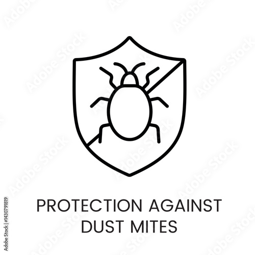 Shield with mite symbol indicating protection against dust mites perfect for pillow packaging mattress labeling and allergy-safe marketing line icon in vector with editable stroke
