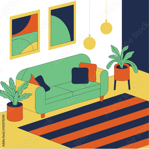 Graphic illustration of a cozy reading nook with an armchair, floor lamp, potted plant, and a small bookcase. Framed art on the wall and a striped rug underfoot.