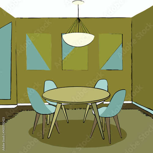 Flat-style interior of a dining room with a rectangular wooden table, four vintage chairs, pendant lamp above, and abstract wall art. Warm earthy tones with soft shadows