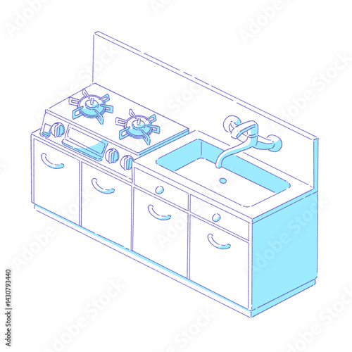 二口コンロが設置されたキッチンのイラスト