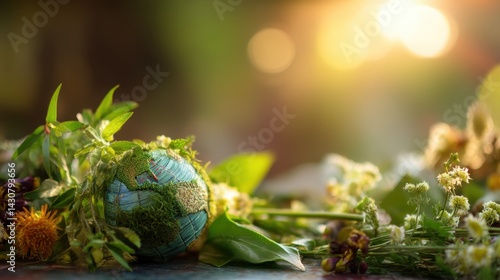 World Environment Day: A vibrant close-up of a handcrafted Earth globe surrounded by fresh greenery and wildflowers. emphasizing the importance of nature and environmental sustainability.