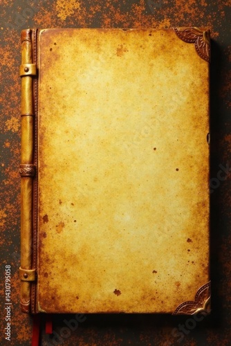 Yellowed aged book with worn leather binding and golden pages against a vintage texture background, worn leather, paper texture