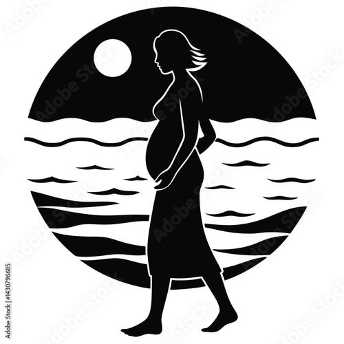 Pregnant Woman Walking on Beach at Sunset