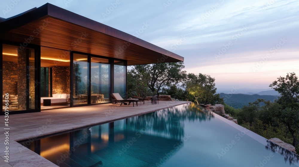 Obraz premium A modern luxury residence with a beautiful pool reflects the surrounding greenery, delivering a perfect blend of elegance and nature, calling for relaxation and enjoyment.