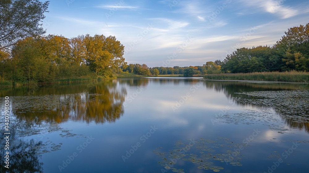 Calm lake scenery reflecting trees and sky under a soft sunset Calm lake scenery reflecting trees and sky under a soft sunset