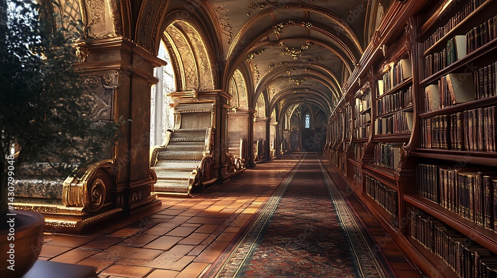 Obraz premium Enchanting library with medieval architecture and sunlight streaming through image