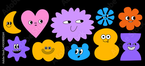 Vector logo design templates, graphic elements, different emotions stickers for advertising, branding, posters and banners, funny cartoon illustrations with smiling character and mascots