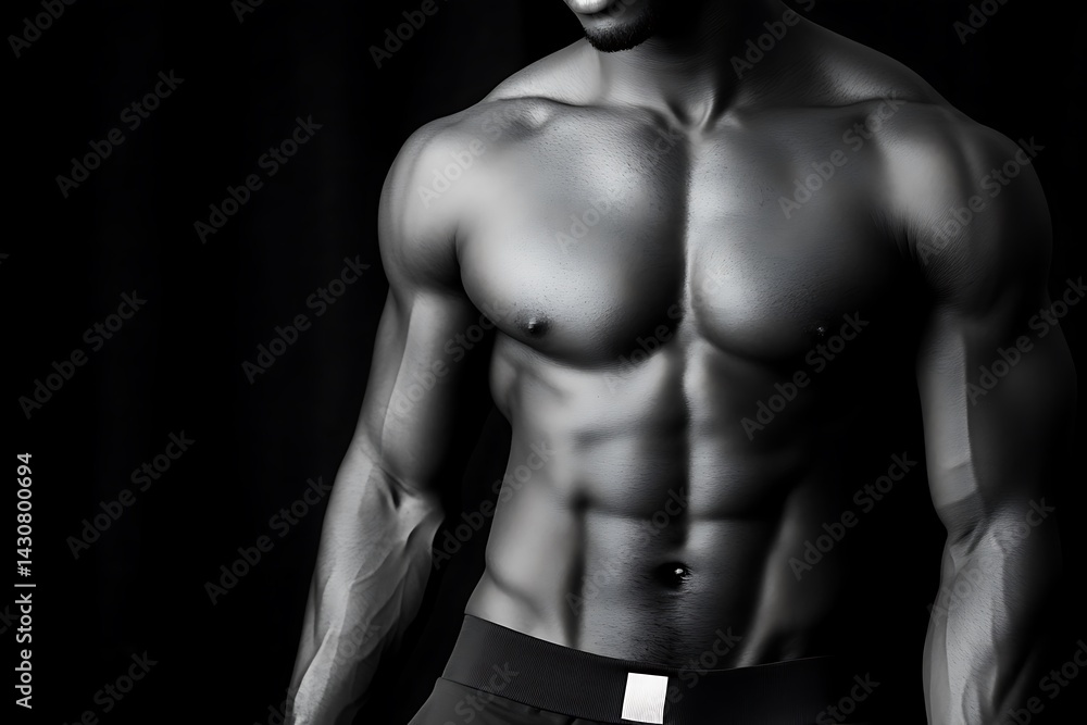 Naklejka premium Powerful Muscular Man's Physique in Black and White Studio Portrait