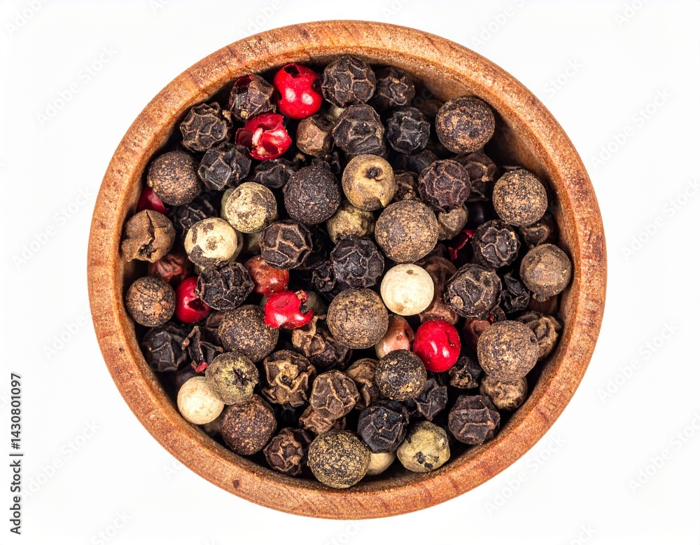 Obraz premium peppercorns in a bowl top view isolated