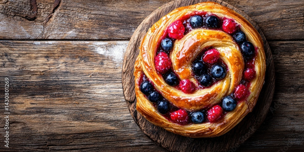 a fresh Danish pastry with glossy glaze and vibrant fruit filling, placed on a rustic wooden surface a fresh Danish pastry with glossy glaze and vibrant fruit filling, placed on a rustic wooden surface