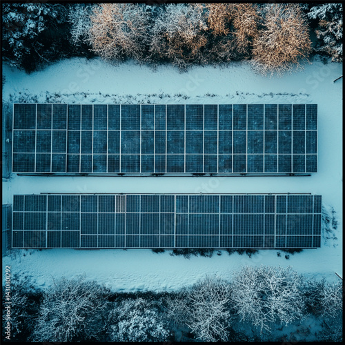image of solar panels among the snow, top view
