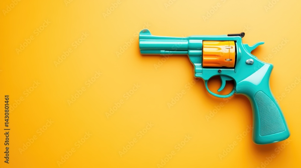 A vibrant blue toy revolver set against a cheerful yellow backdrop, illustrating playfulness and childhood nostalgia, invoking feelings of joy and creativity. A vibrant blue toy revolver set against a cheerful yellow backdrop, illustrating playfulness and childhood nostalgia, invoking feelings of joy and creativity.