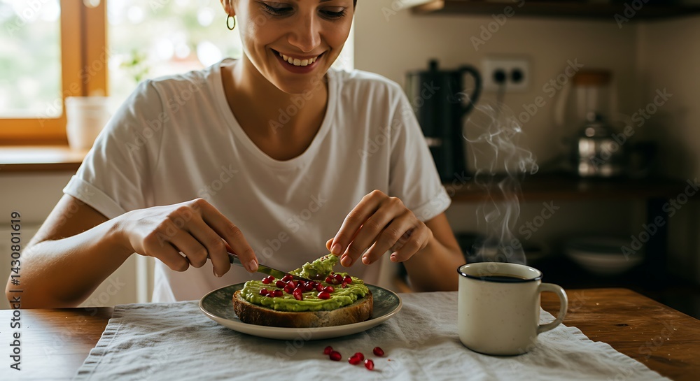 Woman Preparing Avocado Toast with Pomegranate Seeds and Enjoying Hot Drink Woman Preparing Avocado Toast with Pomegranate Seeds and Enjoying Hot Drink