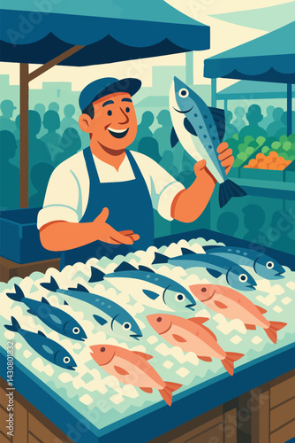 Fishmonger Selling Fresh Fish at Outdoor Market Stall with Crowd