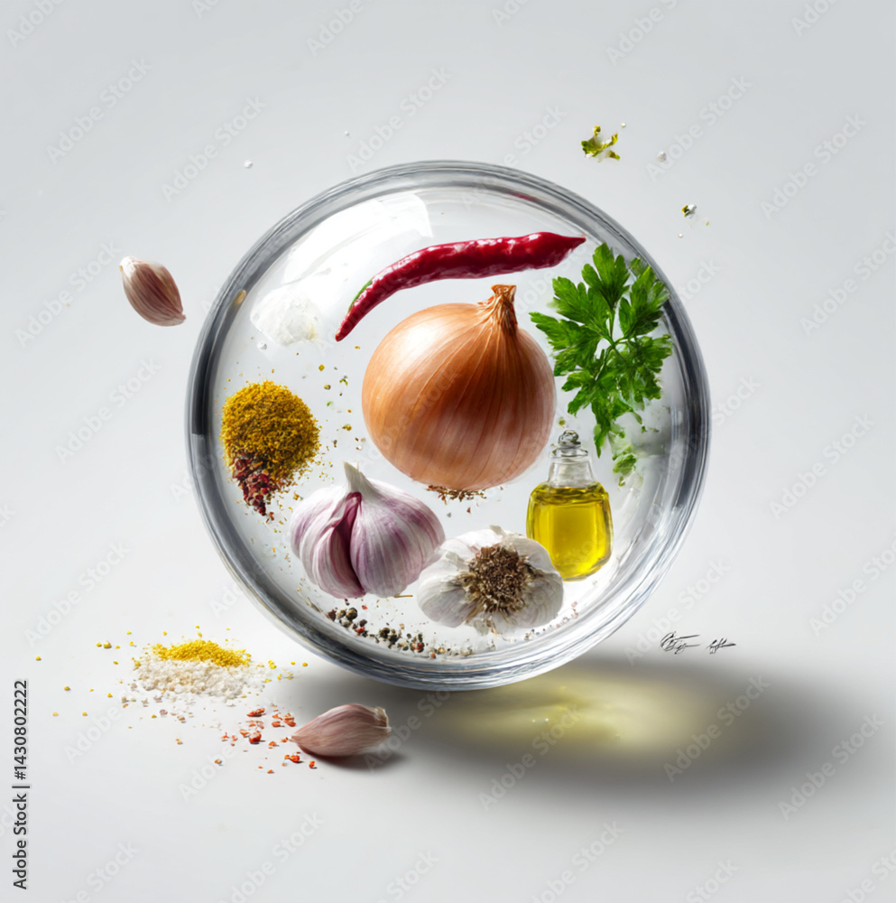 a glass orb, the box with Paprika, Onion, Pepper, Mustard, Parsley, Garlic, Salt, Oil, all floating in mid air, soft shadows and a clean studio background, pure white background.
