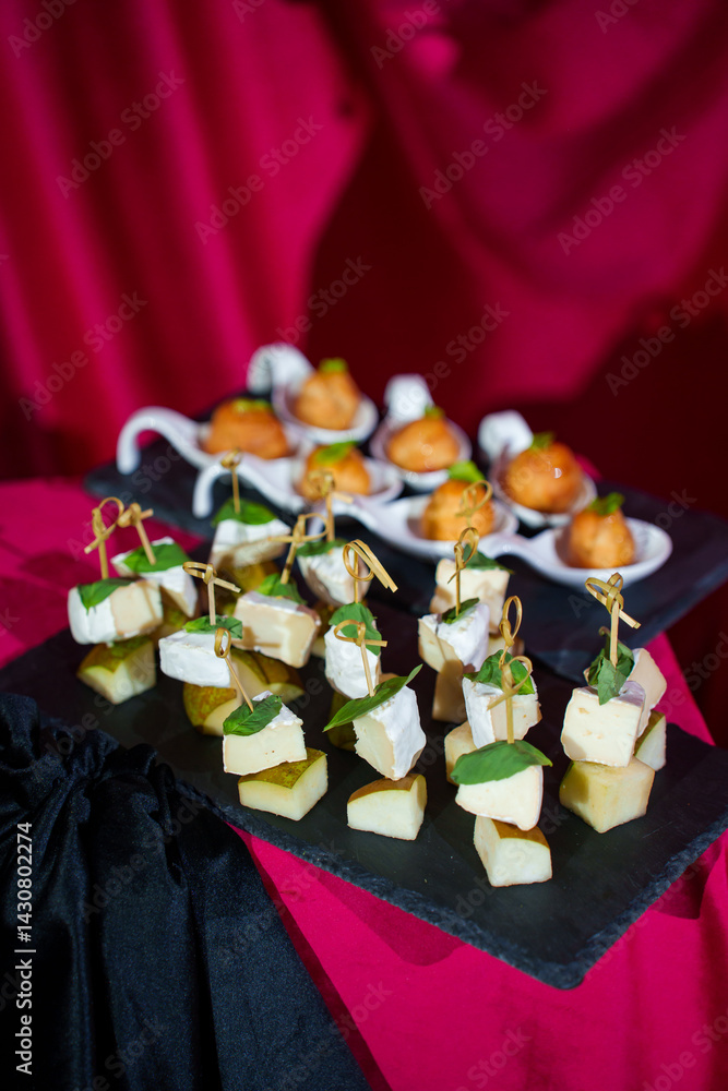 Cheese and pear canapes. A delicious appetizer for a banquet.