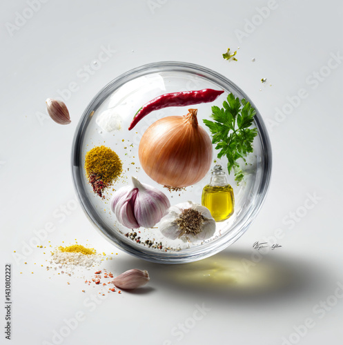 Obraz na płótnie a glass orb, the box with Paprika, Onion, Pepper, Mustard, Parsley, Garlic, Salt, Oil, all floating in mid air, soft shadows and a clean studio background, pure white background. w salonie
