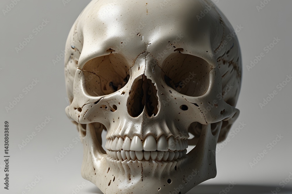 A detailed front facing view of a human skull with visible teeth and cranial sutures set against a neutral background A detailed front facing view of a human skull with visible teeth and cranial sutures set against a neutral background