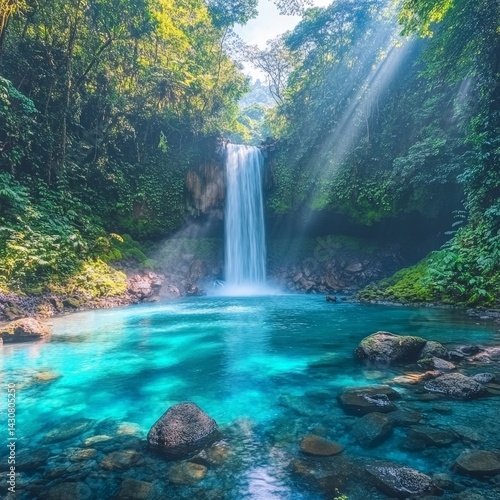 Waterfall in a Lush Jungle with Turquoise Waters
