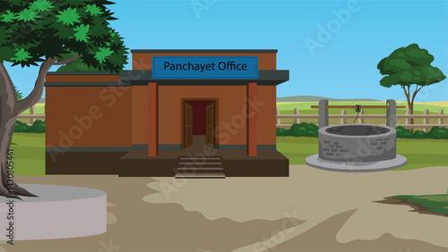 Indian Panchayet Office vector illustration.Rural village office in a green field