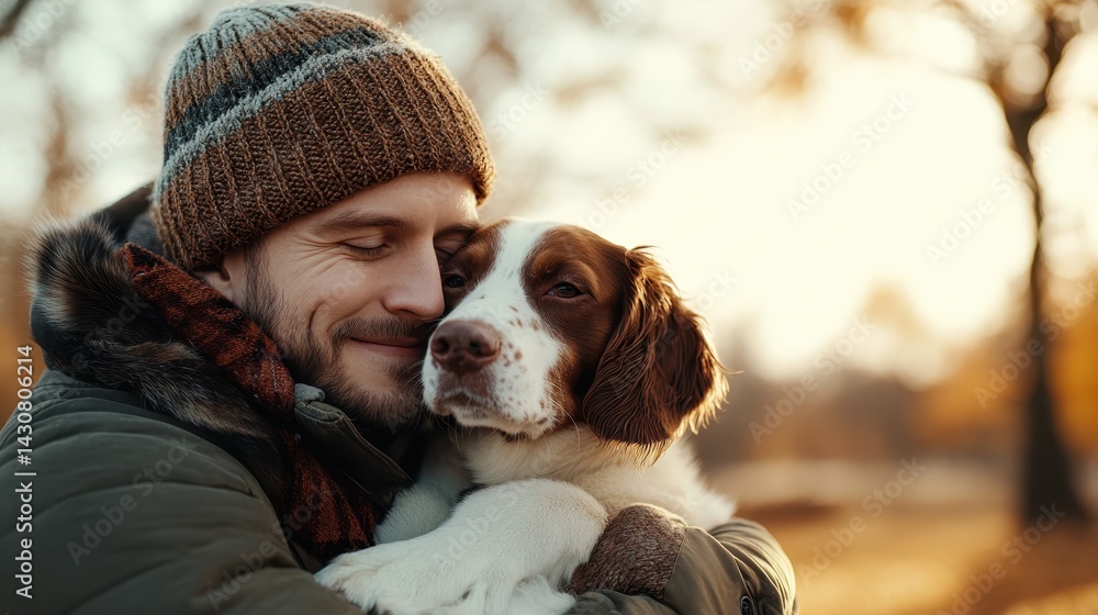 A joyful moment captured between a man and his dog, conveying warmth and affection in the picturesque autumn setting during sunset with vibrant foliage. A joyful moment captured between a man and his dog, conveying warmth and affection in the picturesque autumn setting during sunset with vibrant foliage.