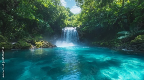 Waterfall in a Lush Jungle with Turquoise Waters