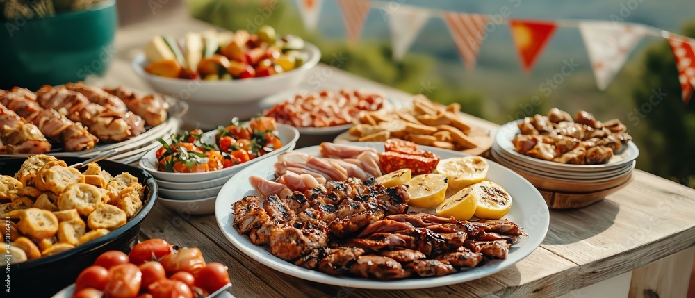 Obraz premium Dog-friendly BBQ setup with treats and flags, inclusive holiday scene