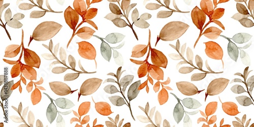 Watercolor Autumnal Leaf Pattern on White Background