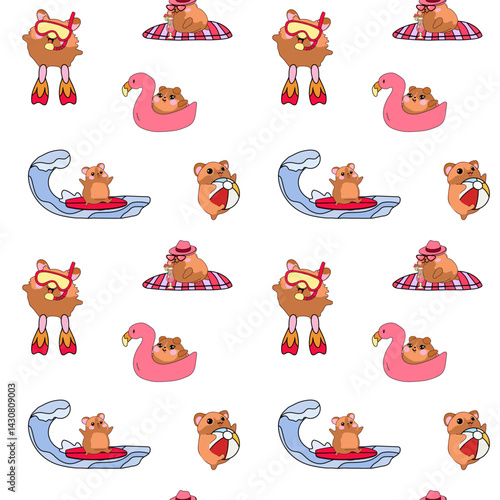 Seamless pattern with cute hamsters enjoying a fun summer vacation at the beach