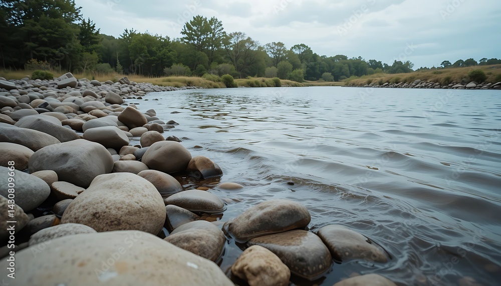 Obraz premium Riverbank with Smooth Stones and Flowing Water Landscape Scene
