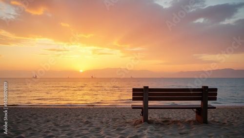 Golden Sunset Beach Scene with Wooden Bench