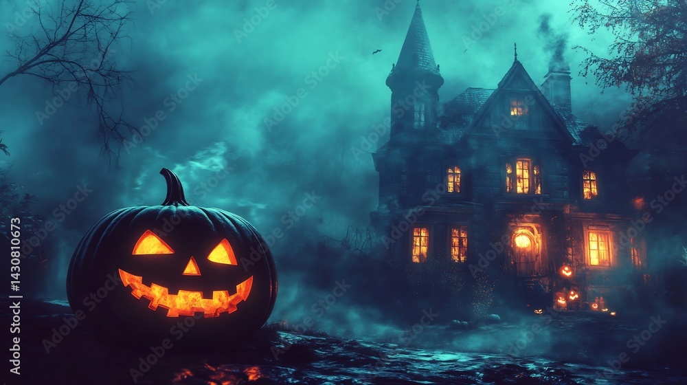 Glowing Jack-o'-lantern before a Haunted Mansion: Eerie Halloween Night Glowing Jack-o'-lantern before a Haunted Mansion: Eerie Halloween Night