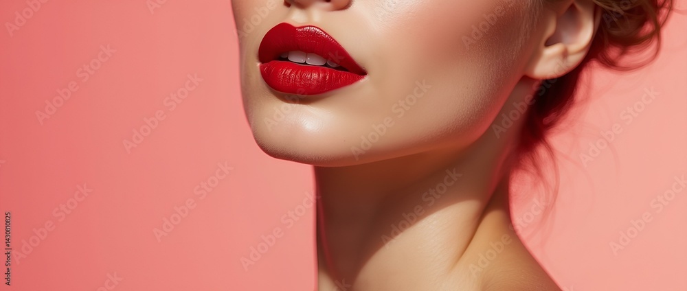 Close-up of the lower part of a woman's face with a sexy and stylish image of lips in red lipstick, symbolizing femininity and passion. For design of advertising of skin care and makeup products Close-up of the lower part of a woman's face with a sexy and stylish image of lips in red lipstick, symbolizing femininity and passion. For design of advertising of skin care and makeup products