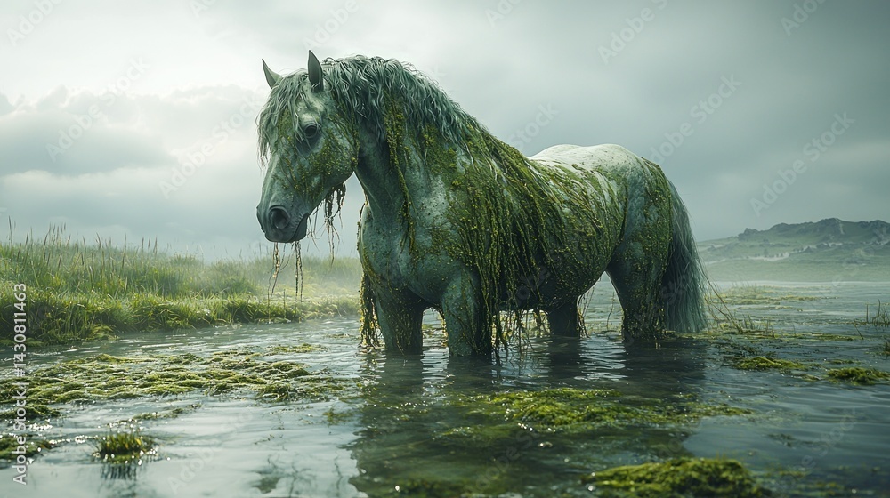 Fototapeta premium Mystic Fjord Horse: A Surreal Encounter in a Misty Wetland