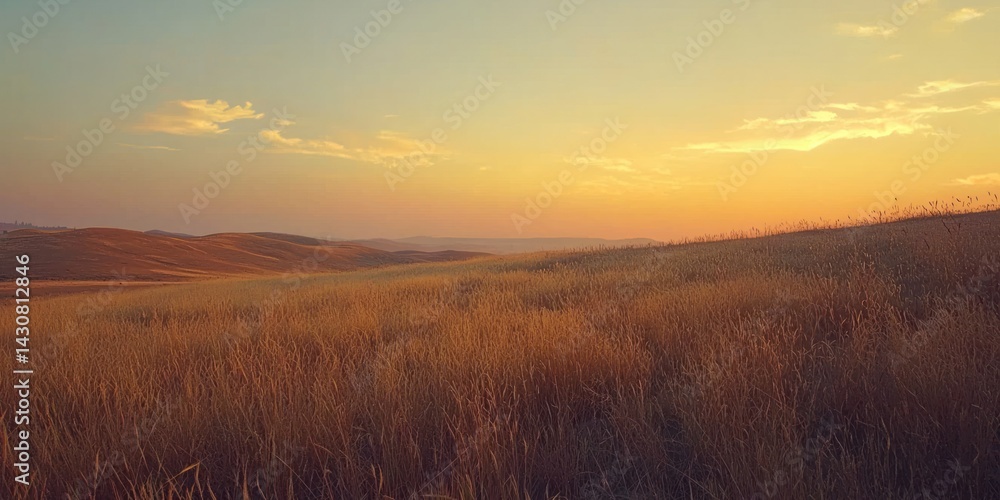 Fototapeta premium A minimalist desert scene featuring scattered dry grass, textured dunes, and a warm sunset sky