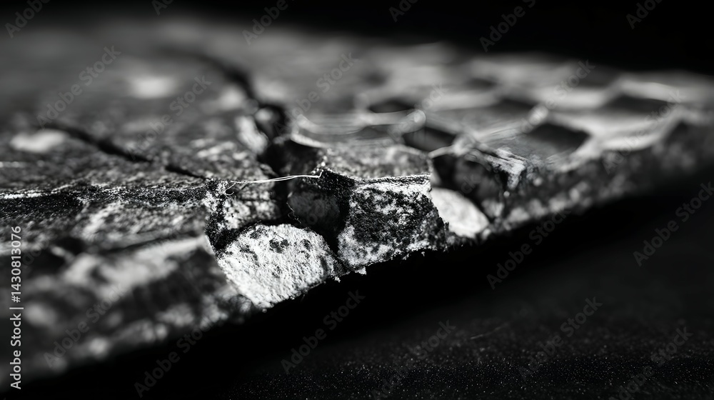 Close-up view of a fractured, textured, dark grey material. Close-up view of a fractured, textured, dark grey material.